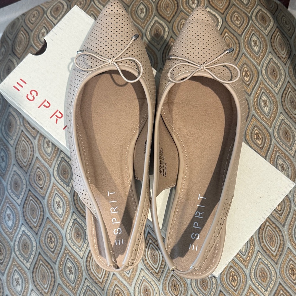 Esprit Beige Perforated Pointed-Toe Ballet Flats with Bow